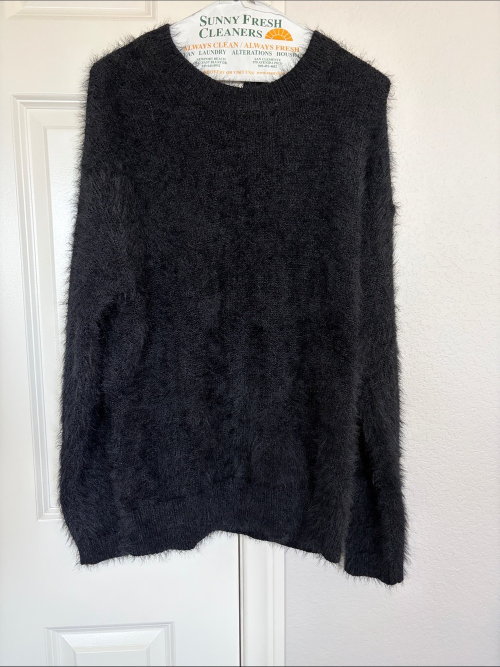 Open Edit Black Fuzzy Crewneck Sweater